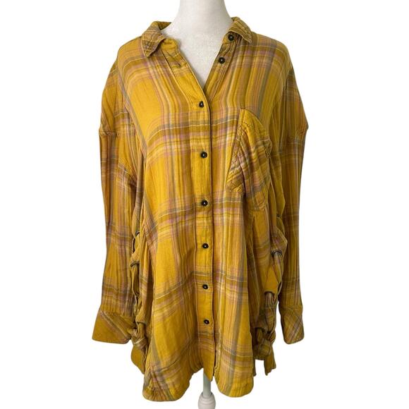 Free People yellow plaid button down long sleeve top size S - Picture 1 of 12
